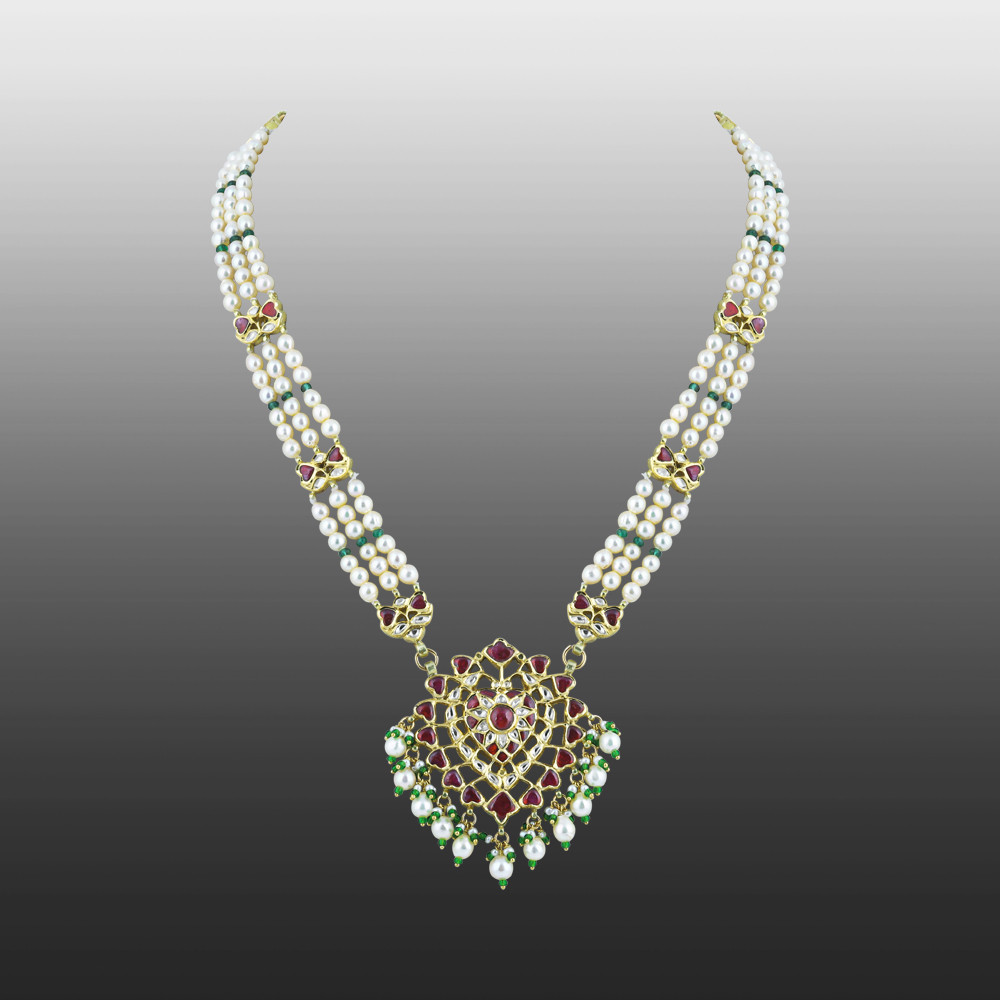 Pearl Pendant Necklace with Emerald Beads and Ruby Colour stones